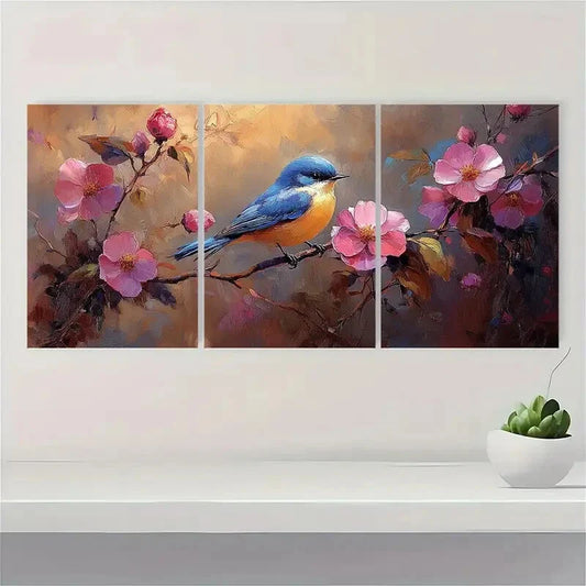 3pcs Elegant Purple Rose Bluebird Floral Metal Print Ready to Hang Art