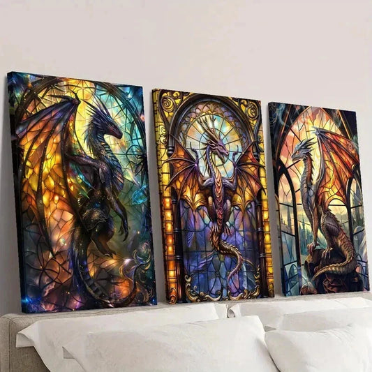 3pcs Science Fiction Dragon Illustrations Wall Art Set Canvas Framed 40x60cm - High Quality Print 100% Australian Made Wall Canvas Ready to Hang