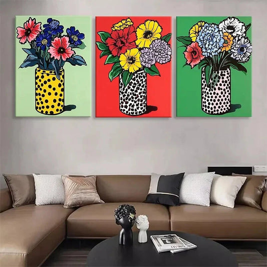 3pcs Colorful Floral Flower Vases Perfect Wall Art Set Canvas Framed 40x60cm - High Quality Print 100% Australian Made Wall Canvas Ready to Hang