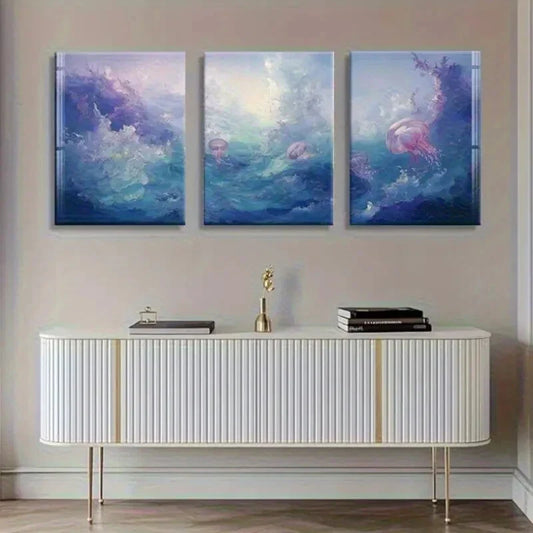 3pcs Vibrant Ocean Waves & Jellyfish Abstract Metal Print Ready to Hang Art