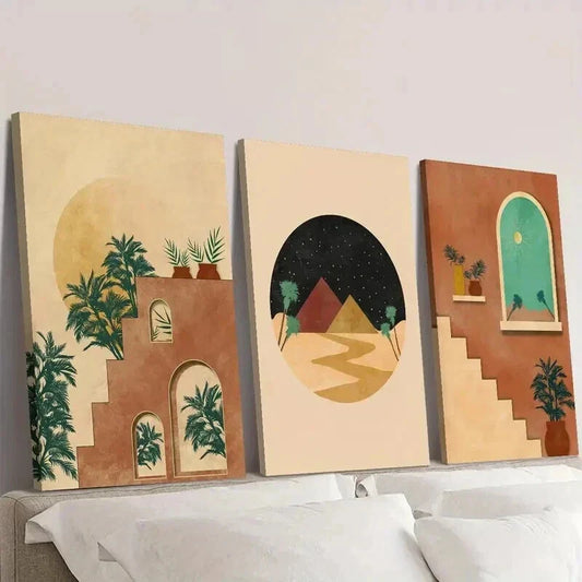 3pcs Moroccan Burnt Orange Oasis in the Desert Wall Art Set Canvas Framed 40x60cm - High Quality Print 100% Australian Made Wall Canvas Ready to Hang