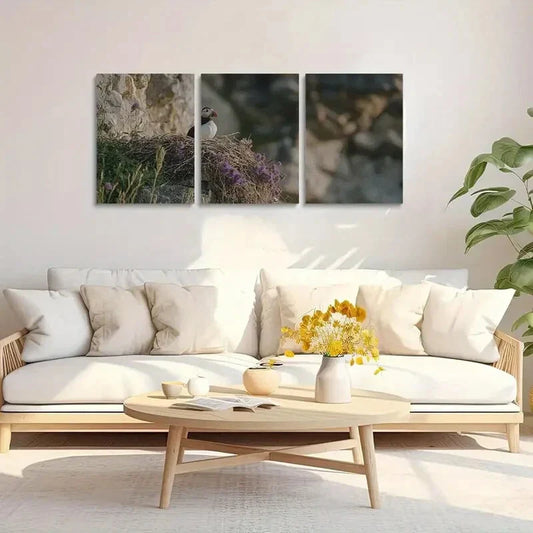 3pcs Sea Parrot A Puffin Is Sitting On The Edge Metal Print Ready to Hang Art