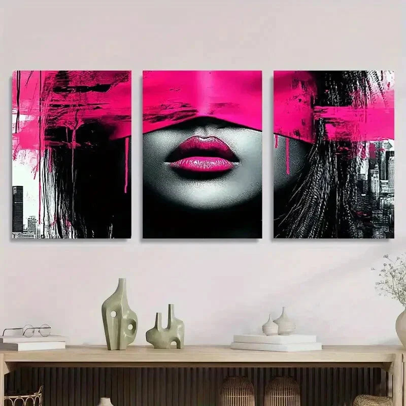 3pcs Vibrant Pink & Black Blindfolded Woman Metal Print Ready to Hang Art