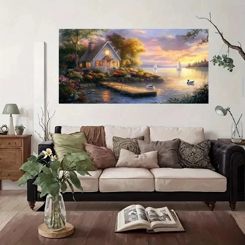Lakeside House Sunset Wall Art Canvas Office Home Room Framed 80x45cm