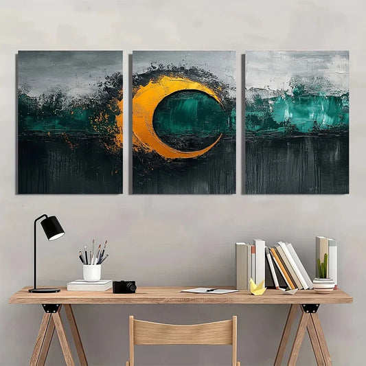 3pcs Abstract Knots Bold Black Green Golden Metal Print Ready to Hang Art