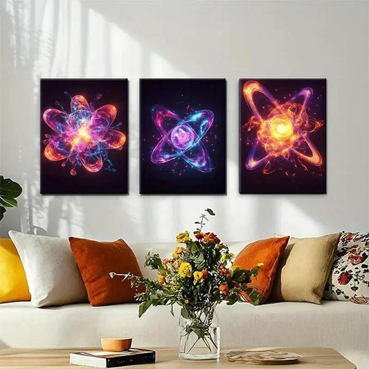 3pcs Vibrant Atomic Energy Electrifying Abstract Wall Art Set Canvas Framed 40x60cm - High Quality Print 100% Australian Made Wall Canvas Ready to Hang