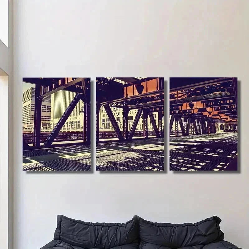 3pcs Chicago Illinois Bridge Architecture Wall Art Set Canvas Framed 40x60cm - High Quality Print 100% Australian Made Wall Canvas Ready to Hang