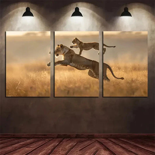 3pcs Lioness Carrying Her Cub In The Air Metal Print Ready to Hang Art