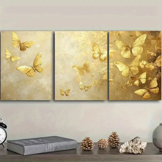3pcs Golden Foil Butterfly Oil Paintings Metal Print Ready to Hang Art