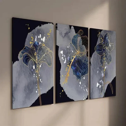 3pcs Blue Golden and Grey Botanical Flower Wall Art Set Canvas Framed 40x60cm - High Quality Print 100% Australian Made Wall Canvas Ready to Hang