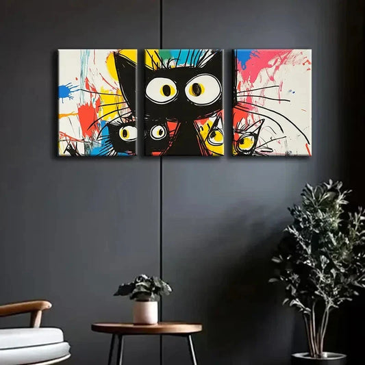 3pcs Abstract Cute Black Cat Colorful Perfect Wall Art Set Canvas Framed 40x60cm - High Quality Print 100% Australian Made Wall Canvas Ready to Hang
