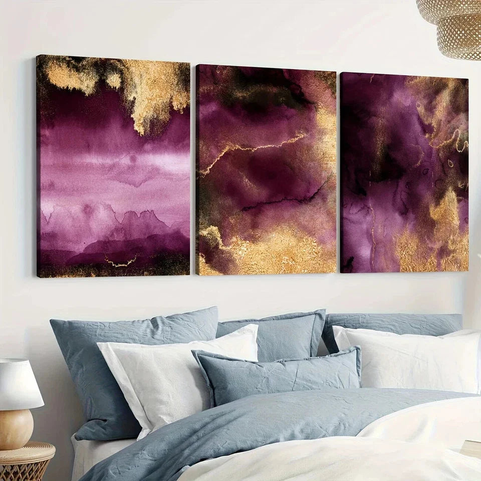 3pcs Golden Abstract Purple Elegant Modern Art Wall Art Set Canvas Framed 40x60cm - High Quality Print 100% Australian Made Wall Canvas Ready to Hang