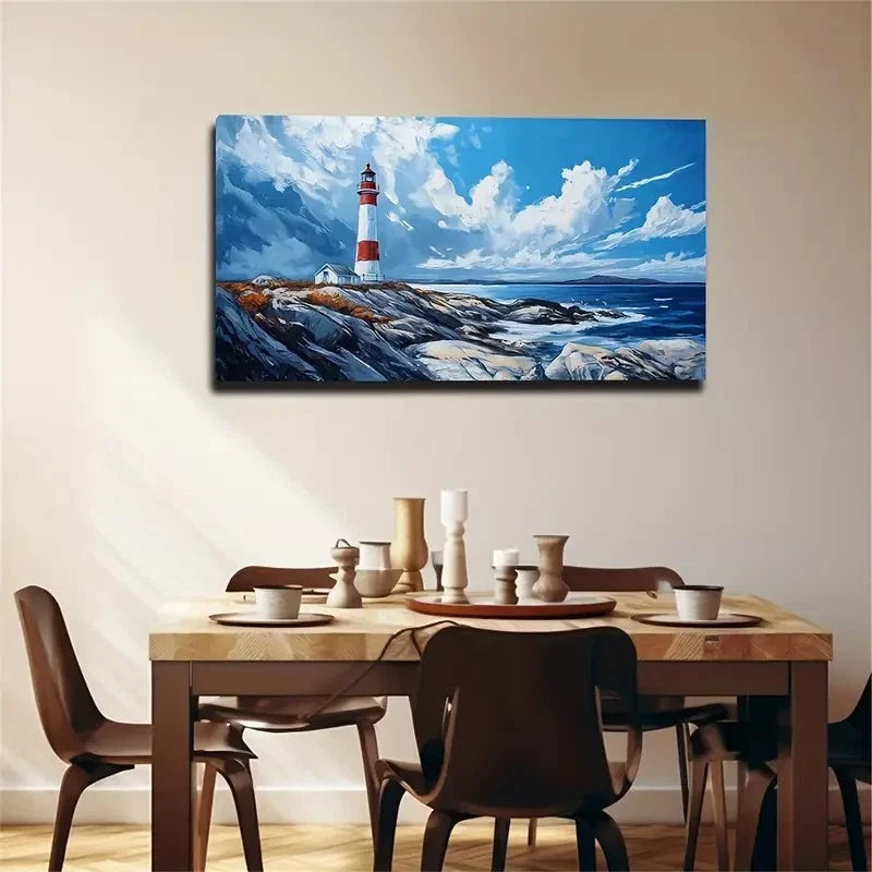 Red & White Lighthouse Coastal Wall Art Canvas Office Home Room Framed 120x60cm