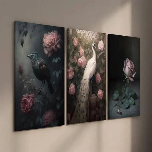 3pcs Gothic Animal Bird and Pearooster Wall Art Set Canvas Framed 40x60cm - High Quality Print 100% Australian Made Wall Canvas Ready to Hang
