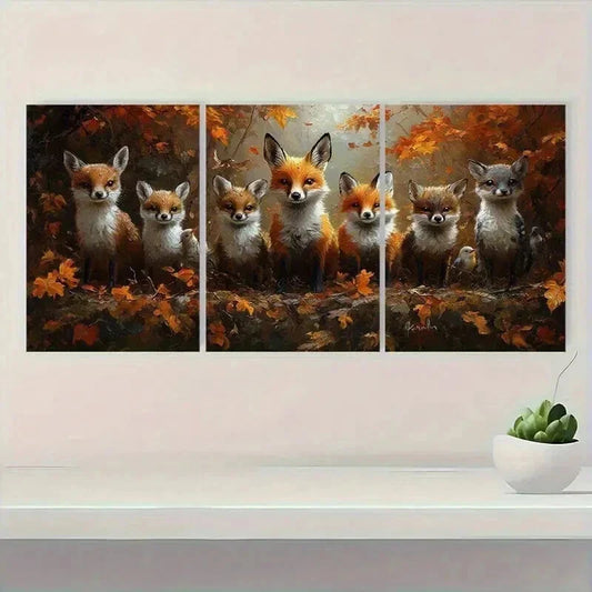 3pcs Fox Family in Vibrant Autumn Forest Wall Art Set Canvas Framed 40x60cm - High Quality Print 100% Australian Made Wall Canvas Ready to Hang