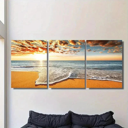 3pcs Beach Sunset Triptych Modern Coastal Metal Print Ready to Hang Art