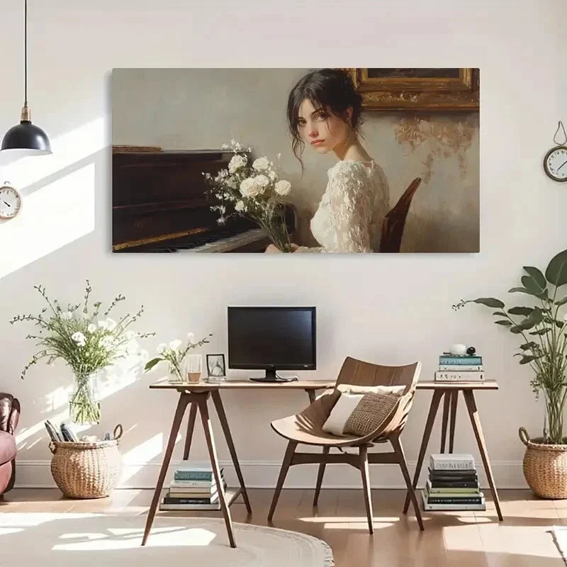 Vintage Dress White Roses Girl Wall Art Canvas Office Home Room Framed 80x45cm