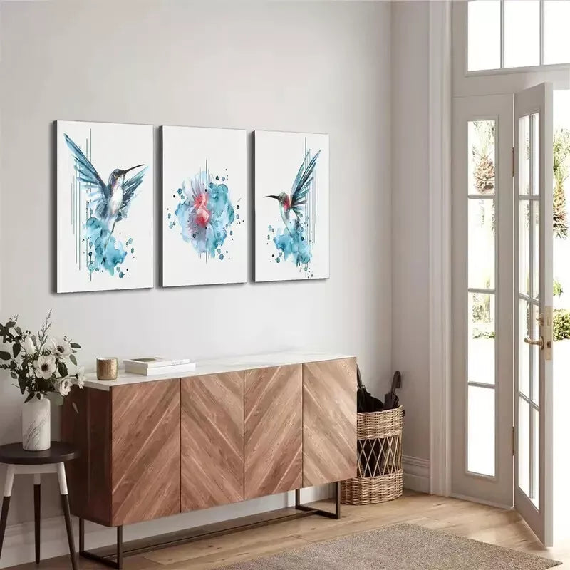 3pcs Creative Vibrant Blue Hummingbird Wall Art Set Canvas Framed 40x60cm - High Quality Print 100% Australian Made Wall Canvas Ready to Hang