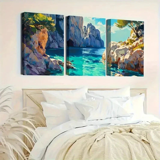 3pcs Vibrant Coastal With Blue Seas & Rocks Wall Art Set Canvas Framed 40x60cm - High Quality Print 100% Australian Made Wall Canvas Ready to Hang