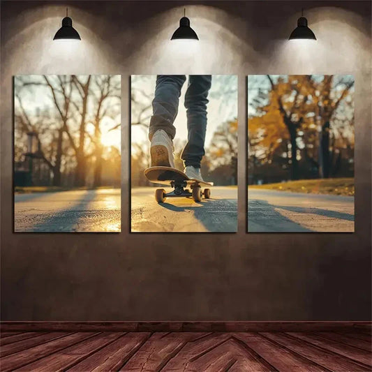 3pcs Skateboard Sunrise Big Trees Metal Print Ready to Hang Art