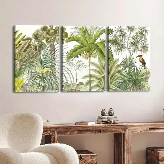 3pcs Vibrant Palm Trees Birds Green Nature White Wall Art Set Canvas Framed 40x60cm - High Quality Print 100% Australian Made Wall Canvas Ready to Hang