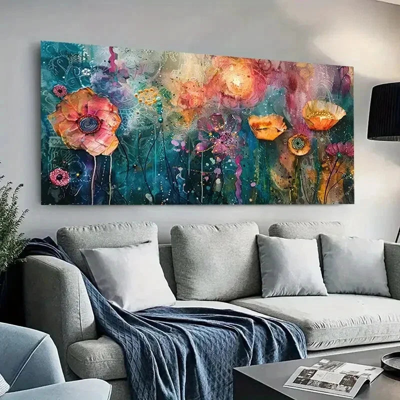 Abstract Floral Textured Colors Wall Art Canvas Office Home Room Framed 80x45cm