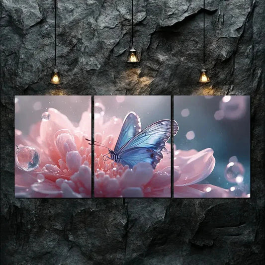 3pcs Elegant Butterfly Pink Flower Perfect Wall Art Set Canvas Framed 40x60cm - High Quality Print 100% Australian Made Wall Canvas Ready to Hang