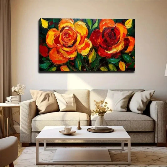 Vibrant Red Floral Wall Art Canvas Office Home Room Framed 80x45cm