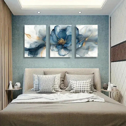 3pcs Elegant Blue and Golden Peony Flower Wall Art Set Canvas Framed 40x60cm - High Quality Print 100% Australian Made Wall Canvas Ready to Hang