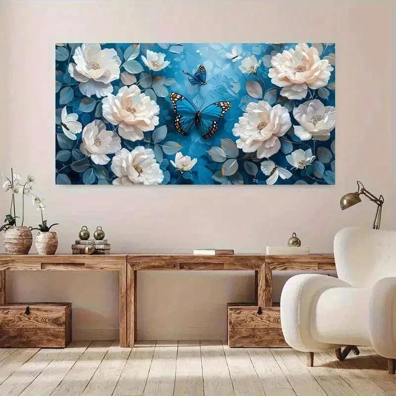 Vibrant Blue Background Flower Wall Art Canvas Office Home Room Framed 80x45cm