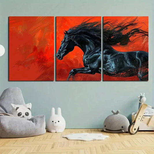 3pcs Running Black Horse Orange & Black Metal Print Ready to Hang Art