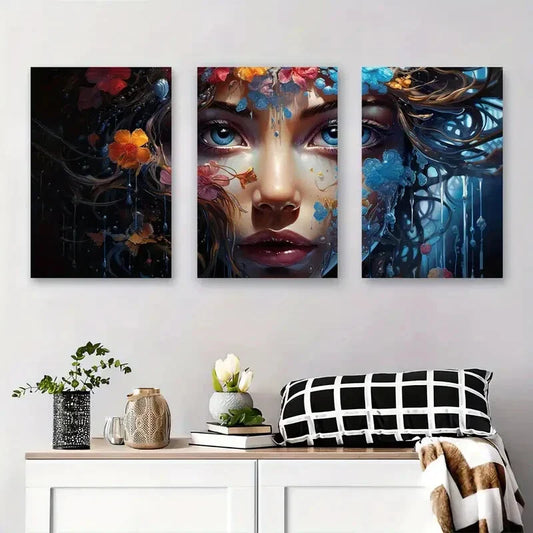 3pcs Surreal Drip Paint Flower Face Metal Print Ready to Hang Art