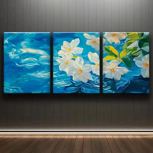 3pcs White Blossoms & Blue Leaves Nature Perfect Wall Art Set Canvas Framed 40x60cm - High Quality Print 100% Australian Made Wall Canvas Ready to Hang
