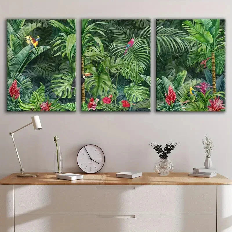 3pcs Vibrant Tropical Jungle Colorful Bird Trees Wall Art Set Canvas Framed 40x60cm - High Quality Print 100% Australian Made Wall Canvas Ready to Hang