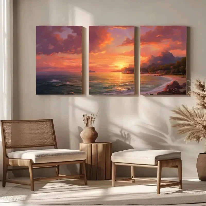 3pcs Sunset Seascape Landscape, Modern Classic Metal Print Ready to Hang Art
