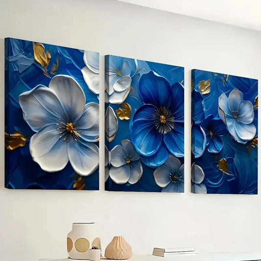 3pcs Blue And White Floral Patterns Wall Art Set Canvas Framed 40x60cm - High Quality Print 100% Australian Made Wall Canvas Ready to Hang