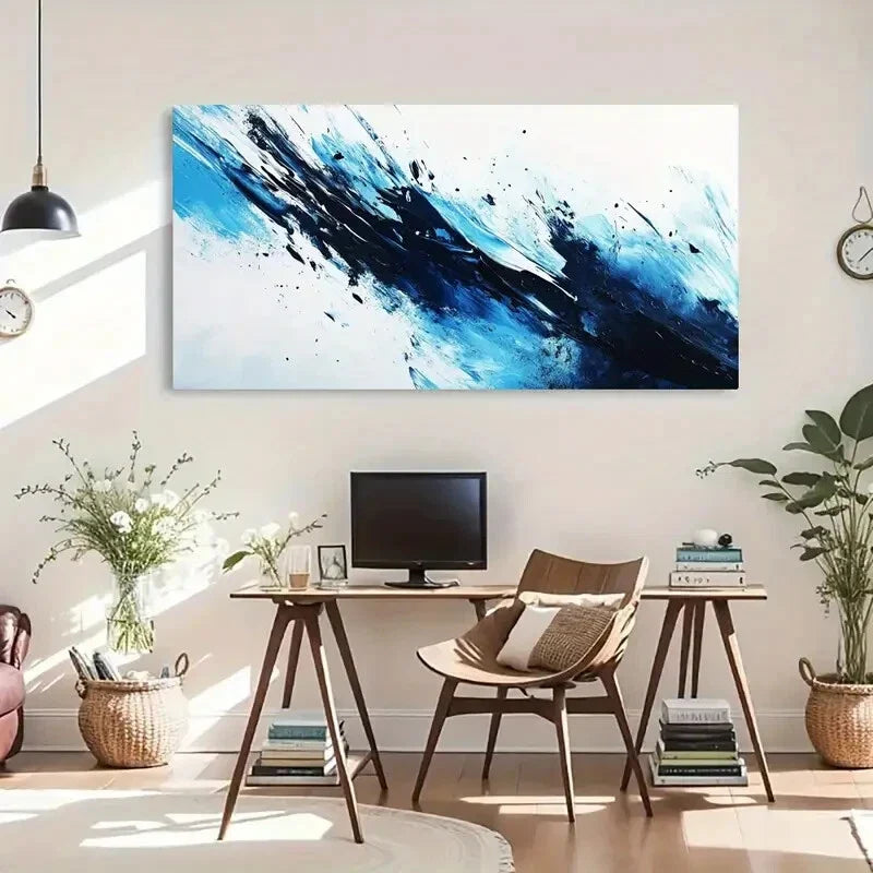Strokes Inspired Blue & White Wall Art Canvas Office Home Room Framed 80x45cm