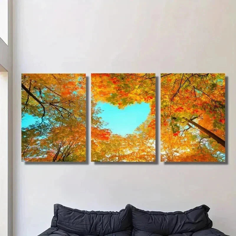 3pcs Heart Shaped Autumn Forest Trees Wall Art Set Canvas Framed 40x60cm - High Quality Print 100% Australian Made Wall Canvas Ready to Hang