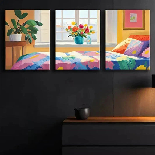 3pcs Bedroom with Window Illustration Perfect Wall Art Set Canvas Framed 40x60cm - High Quality Print 100% Australian Made Wall Canvas Ready to Hang