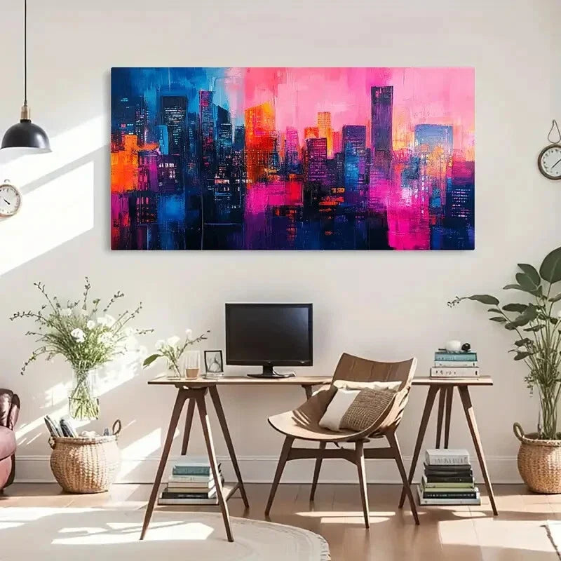 Skyline Modern Night Neon Wall Art Canvas Office Home Room Framed 120x60cm