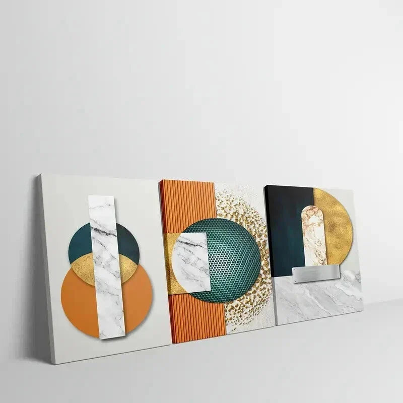 3pcs Golden White and Teal Geometric Design Wall Art Set Canvas Framed 40x60cm - High Quality Print 100% Australian Made Wall Canvas Ready to Hang