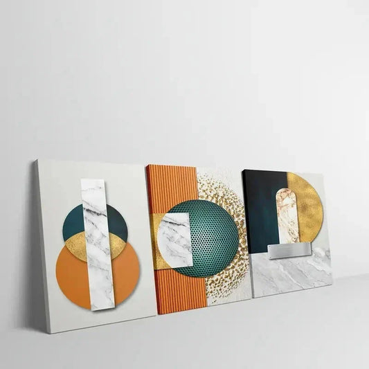 3pcs Golden White and Teal Geometric Design Wall Art Set Canvas Framed 40x60cm - High Quality Print 100% Australian Made Wall Canvas Ready to Hang