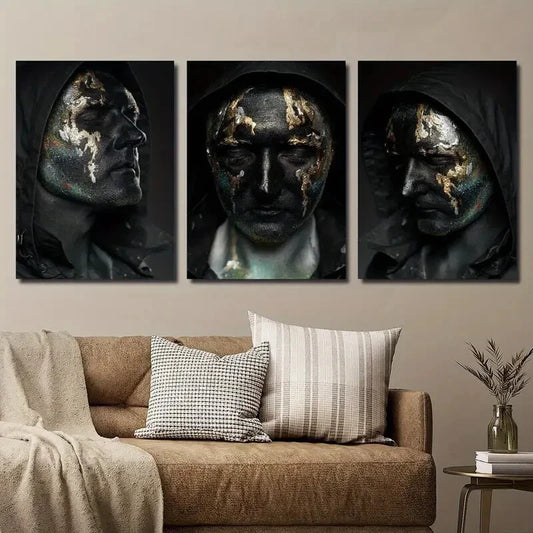 3pcs Black And Golden Character Face Metal Print Ready to Hang Art