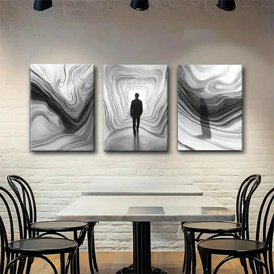 3pcs Solitary Figure Pathway Black White Perfect Wall Art Set Canvas Framed 40x60cm - High Quality Print 100% Australian Made Wall Canvas Ready to Hang