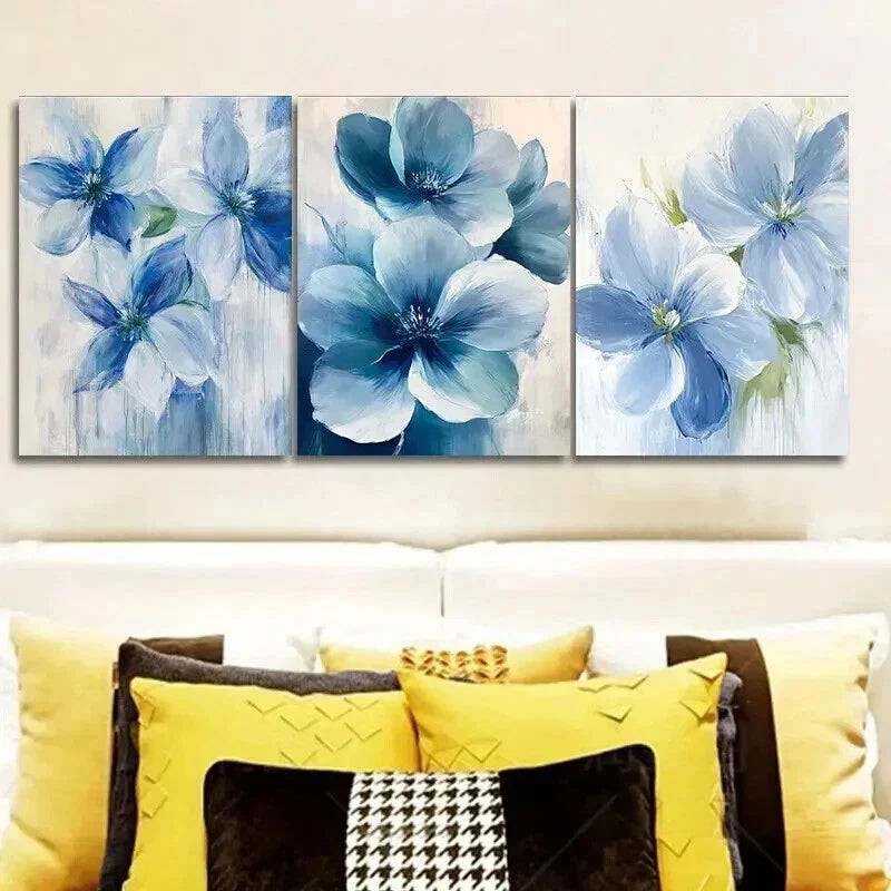 3pcs Beautiful Blue Flowers Decoration Wall Art Set Canvas Framed 40x60cm - High Quality Print 100% Australian Made Wall Canvas Ready to Hang
