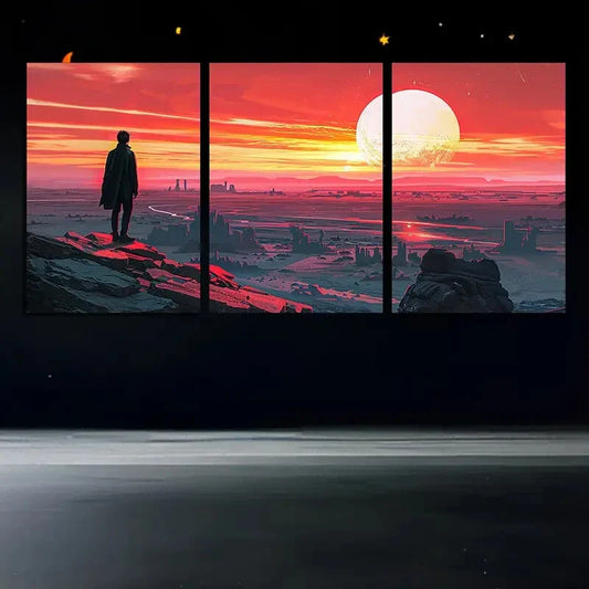 3pcs City of Ruins Sunset Man Standing Mountain Metal Print Ready to Hang Art