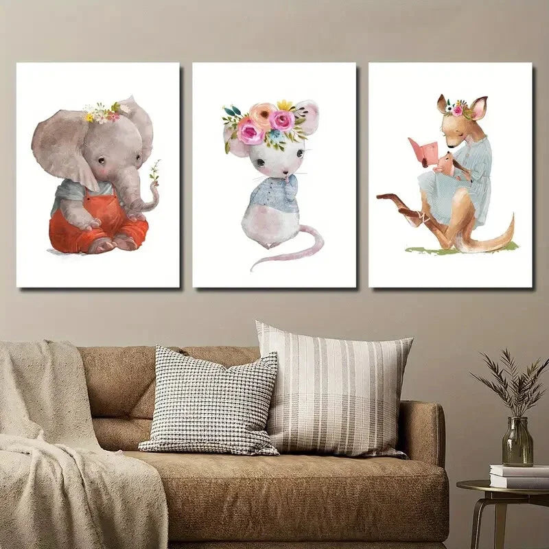 3pcs Cartoon Animal Elephant and Mouse Kangaroo Metal Print Ready to Hang Art