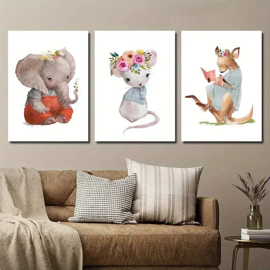 3pcs Cartoon Animal Elephant and Mouse Kangaroo Metal Print Ready to Hang Art