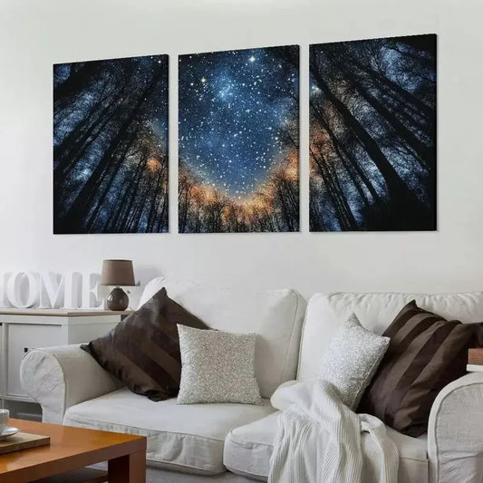 3pcs Modern Blue Starry Night Forest Tree Wall Art Set Canvas Framed 40x60cm - High Quality Print 100% Australian Made Wall Canvas Ready to Hang
