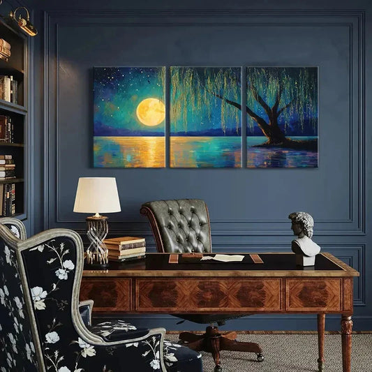 3pcs Willow Tree Serene Night Sky Starry Landscape Metal Print Ready to Hang Art
